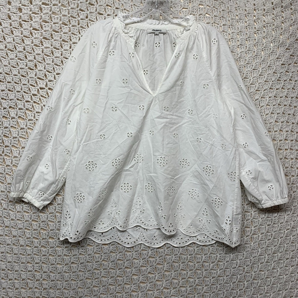 Madewell Eyelet Popover Blouse Top Shirt Women XS White Scalloped Blouse G1542 - Picture 1 of 10